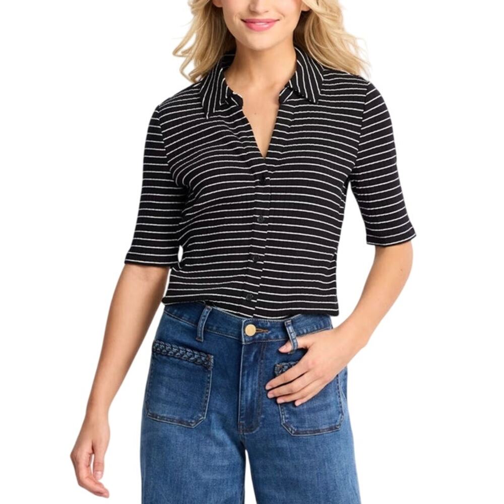 SANCTUARY Top Size XS NEW Black White Half Sleeve Ribbed Knit Shirt Buttons
